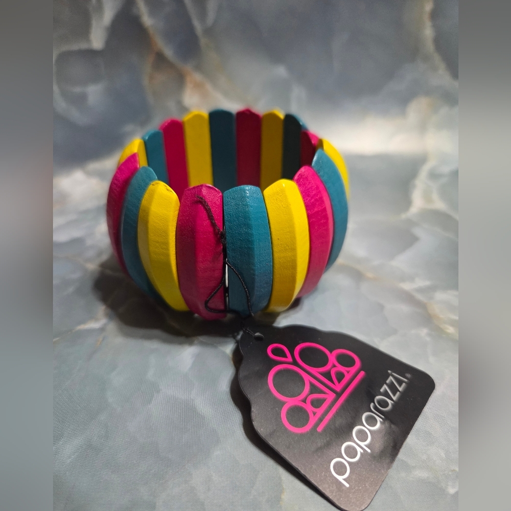 paparazzi Yellow Teal Hot Pink Colorful Wooden Stretch Bracelet